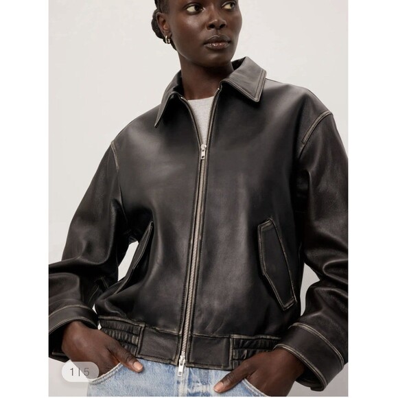 Dunst Black Leather Bomber Jacket Size Medium - Picture 1 of 11